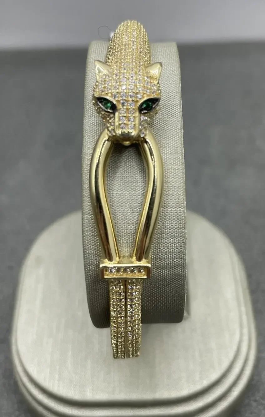 14K Yellow Gold Panther W/ Green Eyes Bangle Style Bracelet (22065)